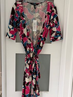 Diane Von Furstenberg Fuchsia, Teal & Cream Floral Wrap Midi Dress